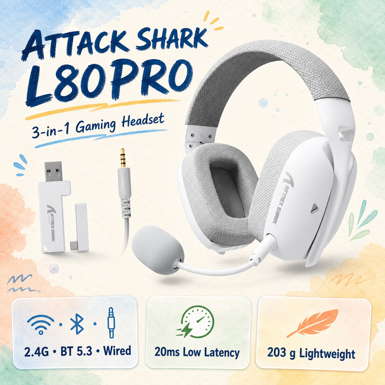 Esports Wireless Gaming Headset - ATTACK SHARK L80PRO Ultralekki zestaw słuchawkowy